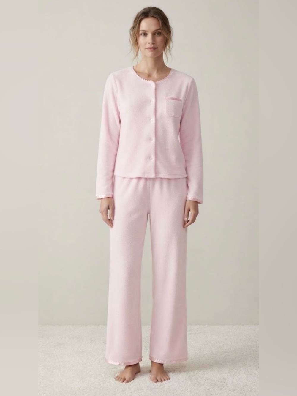 Vintage Erika Taylor Intimates 2 piece pink pajama set ribbon & lace trimmed M